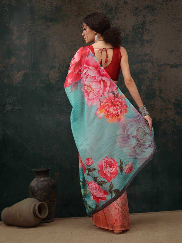 Multicolor Polyester Digital Print Floral Saree with Unstitched Blouse - Hiral Fashion | Grocsy
