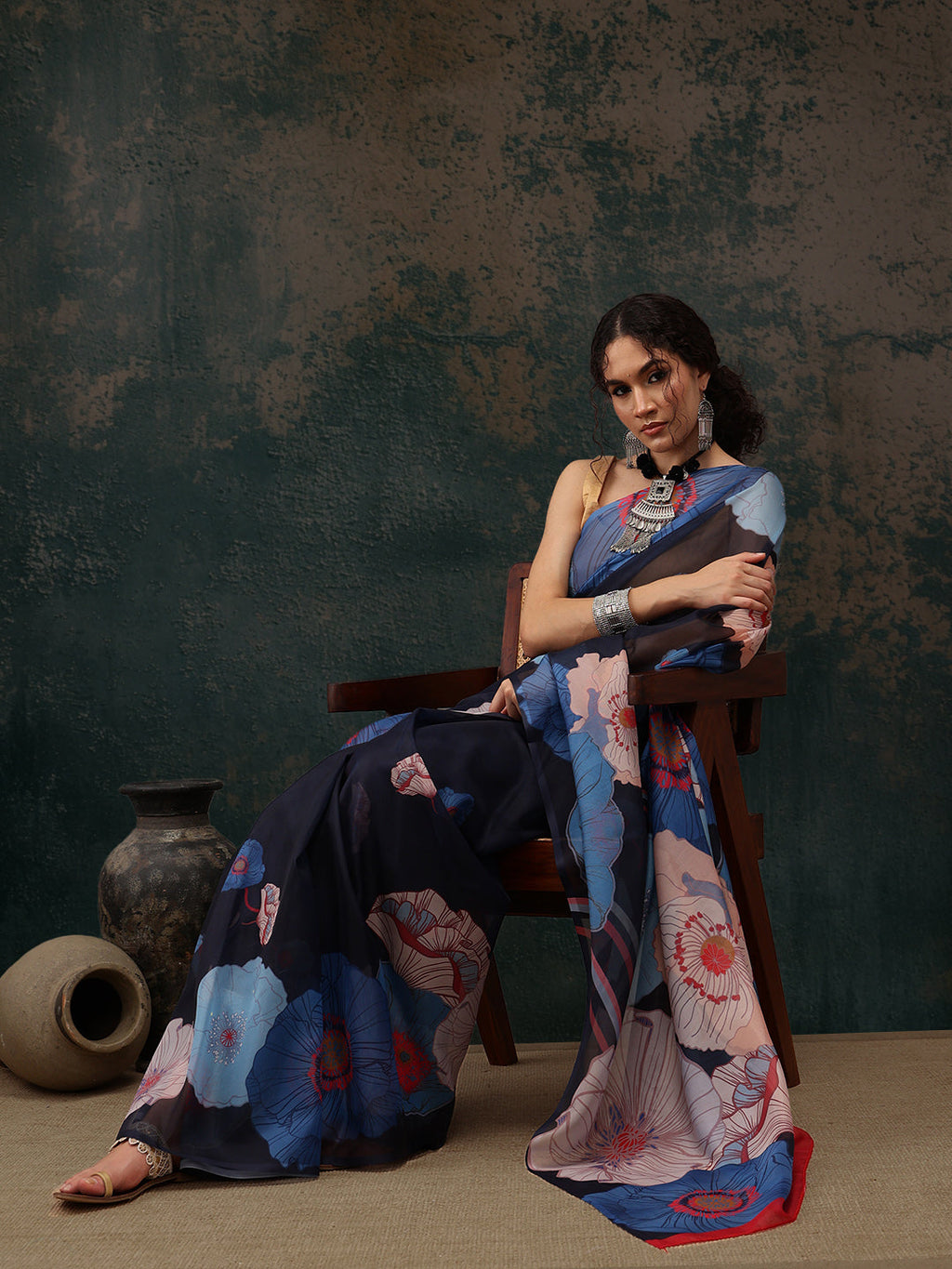 Navy Blue Polyester Digital Print Floral Saree with Unstitched Blouse - Hiral Fashion | Grocsy