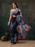 Navy Blue Polyester Digital Print Floral Saree with Unstitched Blouse - Hiral Fashion | Grocsy