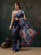 Navy Blue Polyester Digital Print Floral Saree with Unstitched Blouse - Hiral Fashion | Grocsy