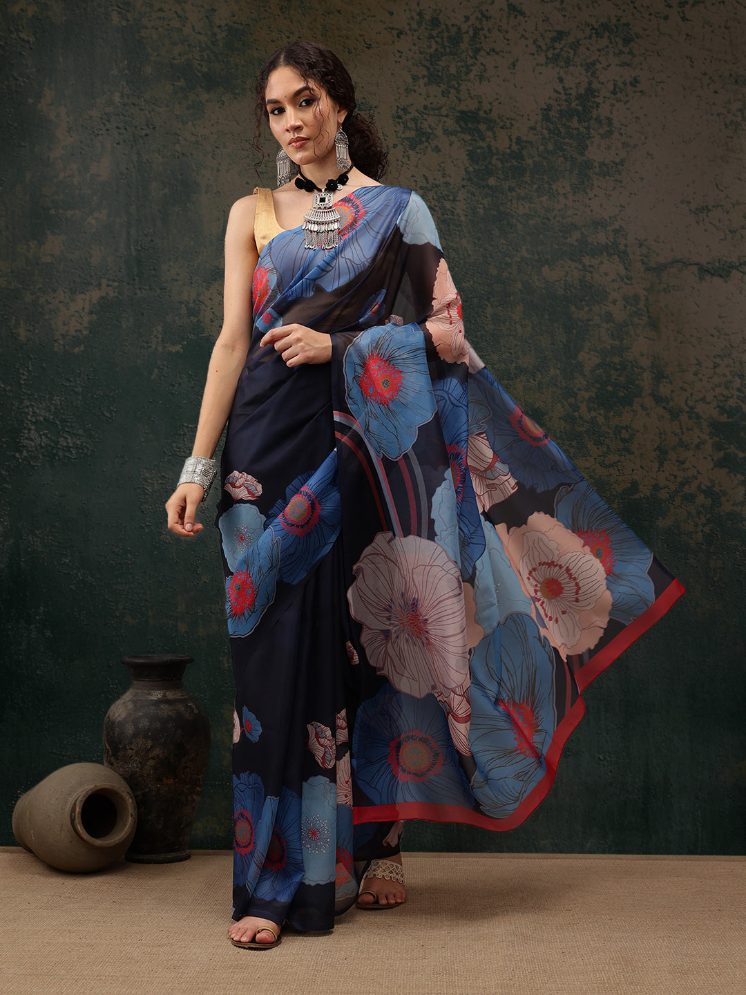 Navy Blue Polyester Digital Print Floral Saree with Unstitched Blouse - Hiral Fashion | Grocsy