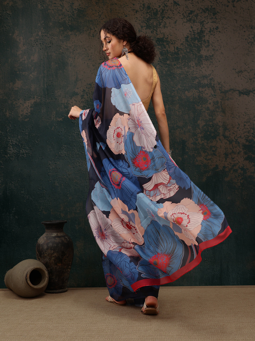 Navy Blue Polyester Digital Print Floral Saree with Unstitched Blouse - Hiral Fashion | Grocsy