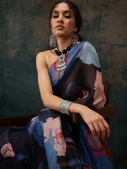 Navy Blue Polyester Digital Print Floral Saree with Unstitched Blouse - Hiral Fashion | Grocsy
