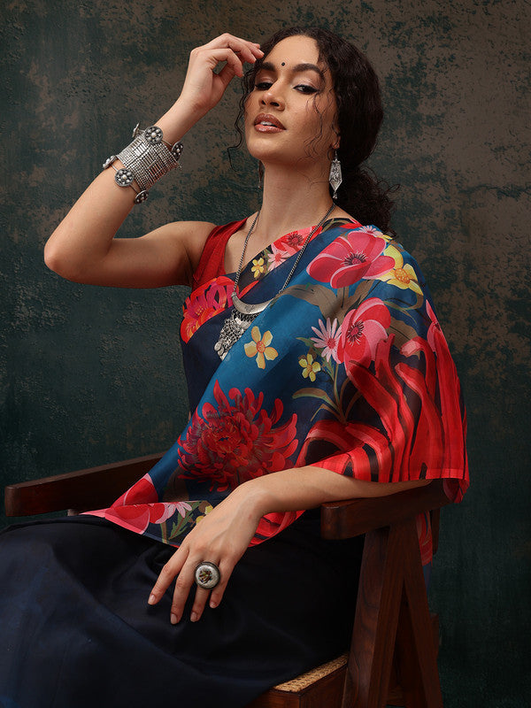 Royal Blue Polyester Digital Print Floral Saree with Unstitched Blouse - Hiral Fashion | Grocsy