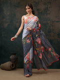 Sky Blue Polyester Digital Print Floral Saree with Unstitched Blouse - Hiral Fashion | Grocsy