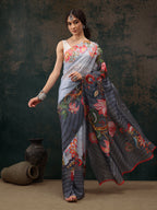 Sky Blue Polyester Digital Print Floral Saree with Unstitched Blouse - Hiral Fashion | Grocsy