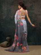 Sky Blue Polyester Digital Print Floral Saree with Unstitched Blouse - Hiral Fashion | Grocsy