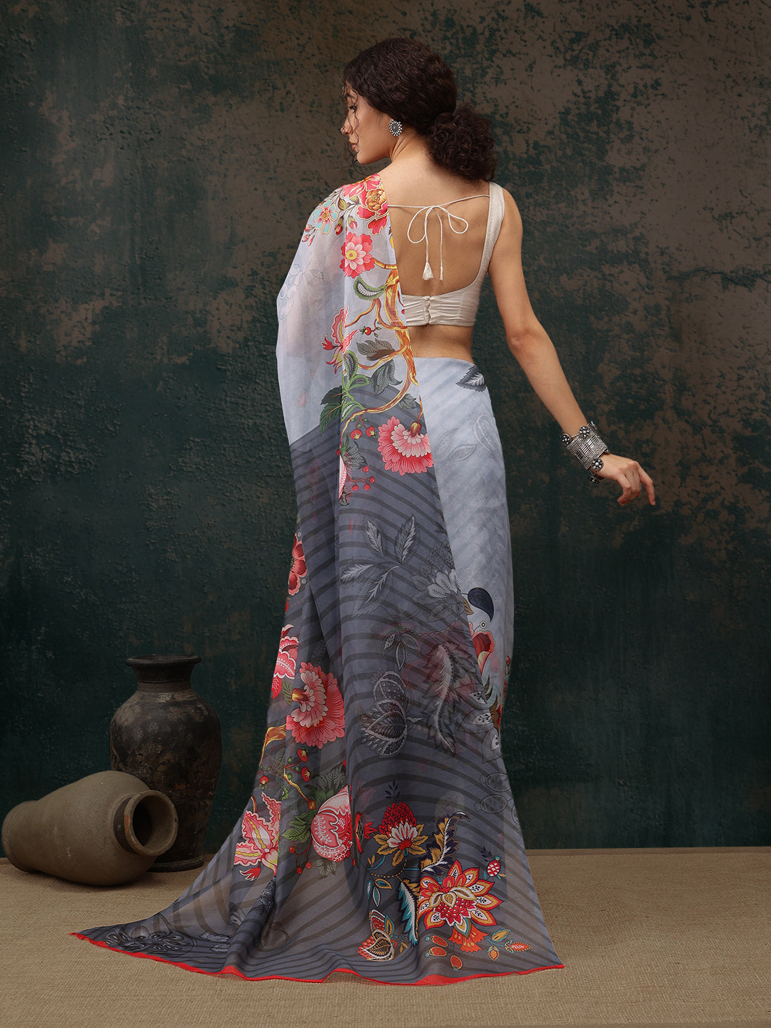 Sky Blue Polyester Digital Print Floral Saree with Unstitched Blouse - Hiral Fashion | Grocsy
