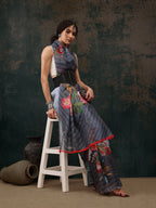 Sky Blue Polyester Digital Print Floral Saree with Unstitched Blouse - Hiral Fashion | Grocsy