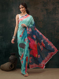 Turquoise Polyester Digital Print Floral Saree with Unstitched Blouse - Hiral Fashion | Grocsy