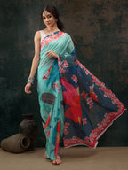 Turquoise Polyester Digital Print Floral Saree with Unstitched Blouse - Hiral Fashion | Grocsy
