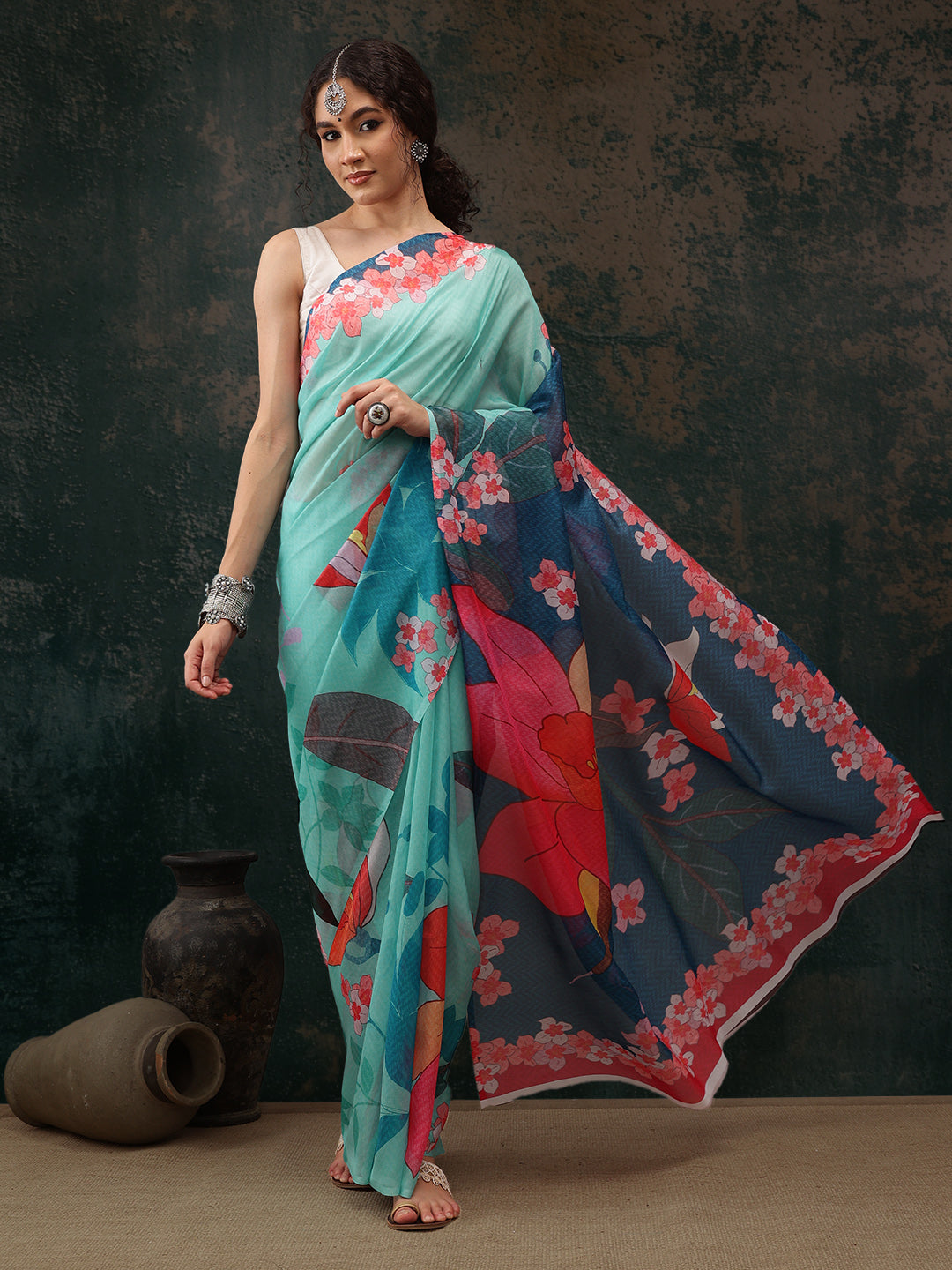 Turquoise Polyester Digital Print Floral Saree with Unstitched Blouse - Hiral Fashion | Grocsy