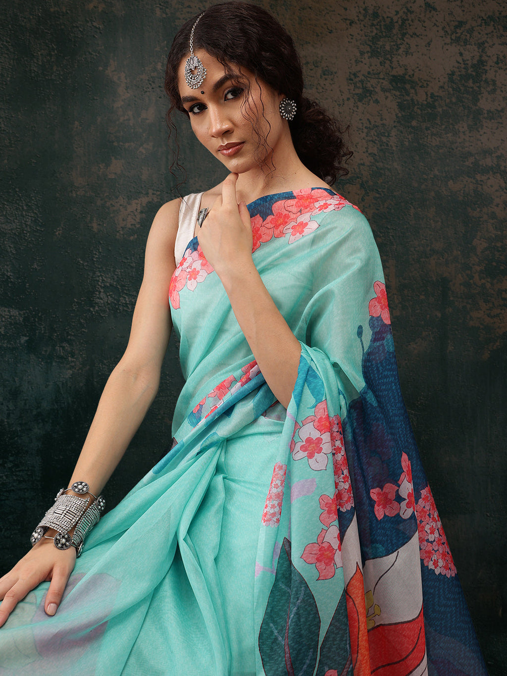 Turquoise Polyester Digital Print Floral Saree with Unstitched Blouse - Hiral Fashion | Grocsy