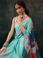 Turquoise Polyester Digital Print Floral Saree with Unstitched Blouse - Hiral Fashion | Grocsy