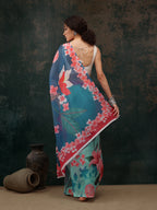 Turquoise Polyester Digital Print Floral Saree with Unstitched Blouse - Hiral Fashion | Grocsy