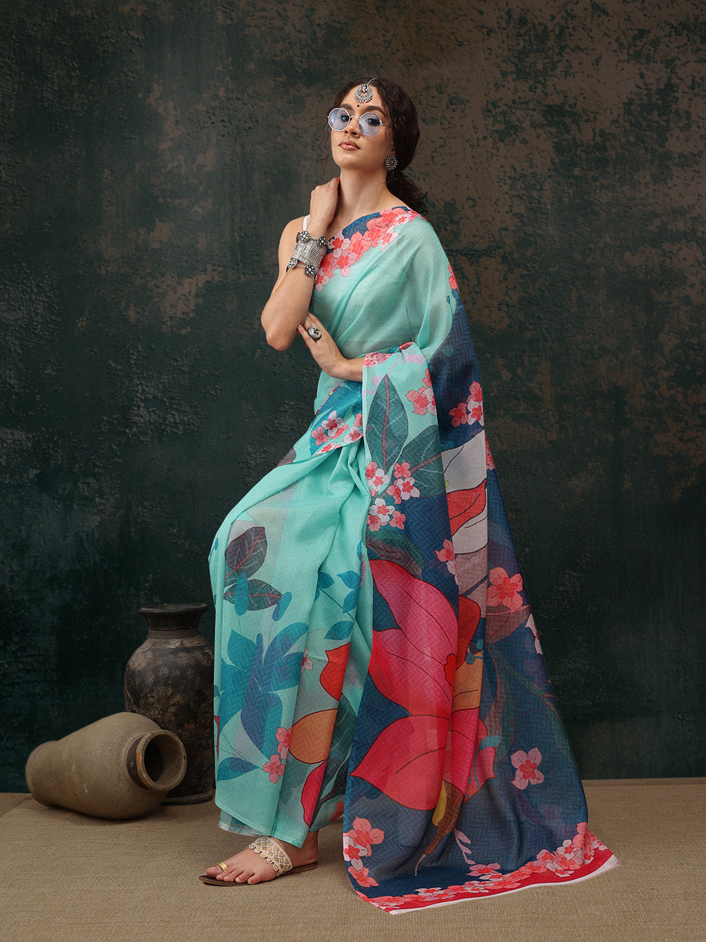Turquoise Polyester Digital Print Floral Saree with Unstitched Blouse - Hiral Fashion | Grocsy