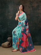 Turquoise Polyester Digital Print Floral Saree with Unstitched Blouse - Hiral Fashion | Grocsy