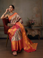 Multicolor Pure Silk Woven Zari Design Floral Saree with Unstitched Blouse - Hiral Fashion | Grocsy