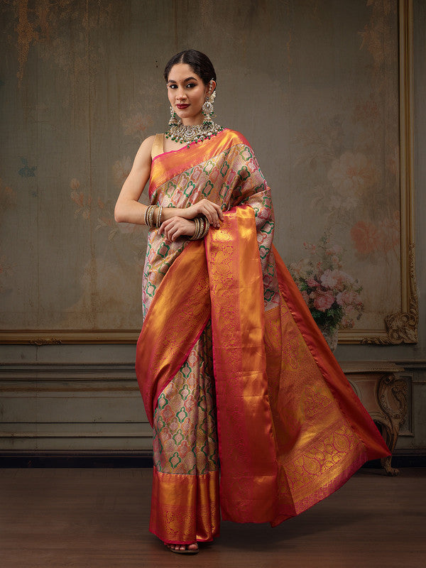 Multicolor Pure Silk Woven Zari Design Floral Saree with Unstitched Blouse - Hiral Fashion | Grocsy