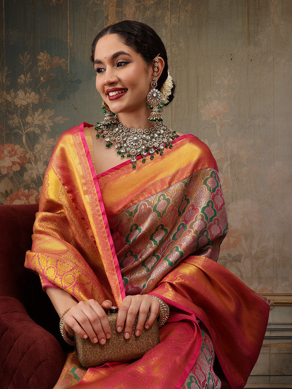 Multicolor Pure Silk Woven Zari Design Floral Saree with Unstitched Blouse - Hiral Fashion | Grocsy