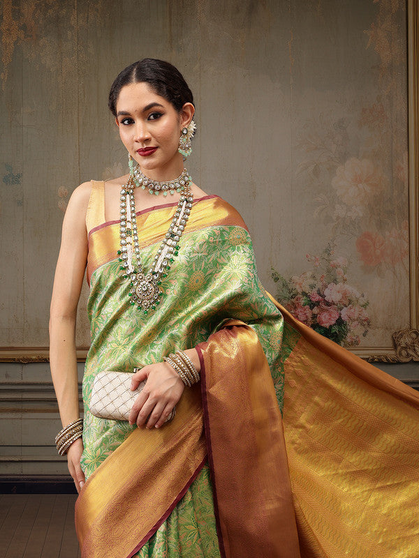 Green Pure Silk Woven Zari Design Floral Saree with Unstitched Blouse - Hiral Fashion | Grocsy
