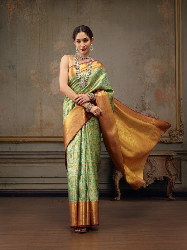 Green Pure Silk Woven Zari Design Floral Saree with Unstitched Blouse - Hiral Fashion | Grocsy