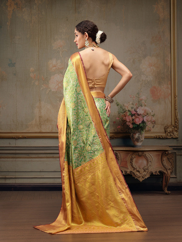 Green Pure Silk Woven Zari Design Floral Saree with Unstitched Blouse - Hiral Fashion | Grocsy