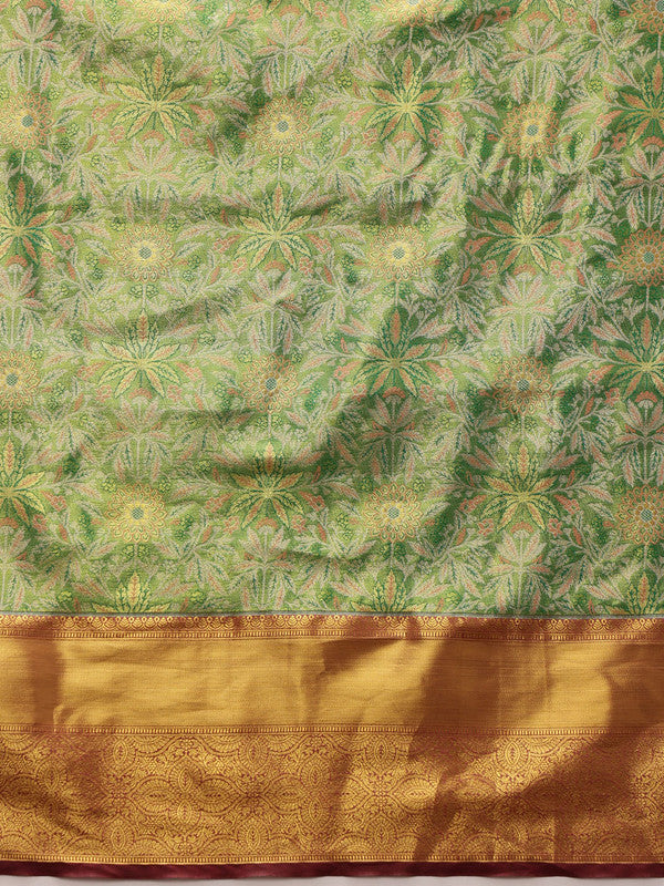 Green Pure Silk Woven Zari Design Floral Saree with Unstitched Blouse - Hiral Fashion | Grocsy