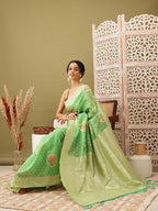 Green Cotton Woven Thread Floral Saree with Unstitched Blouse - Hiral Fashion | Grocsy