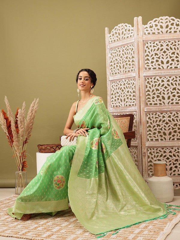 Green Cotton Woven Thread Floral Saree with Unstitched Blouse - Hiral Fashion | Grocsy