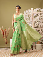 Green Cotton Woven Thread Floral Saree with Unstitched Blouse - Hiral Fashion | Grocsy
