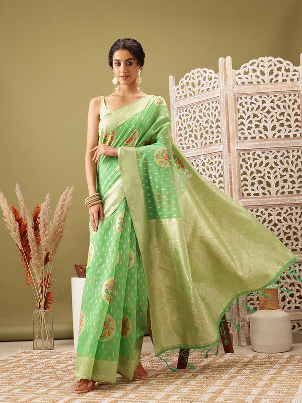 Green Cotton Woven Thread Floral Saree with Unstitched Blouse - Hiral Fashion | Grocsy