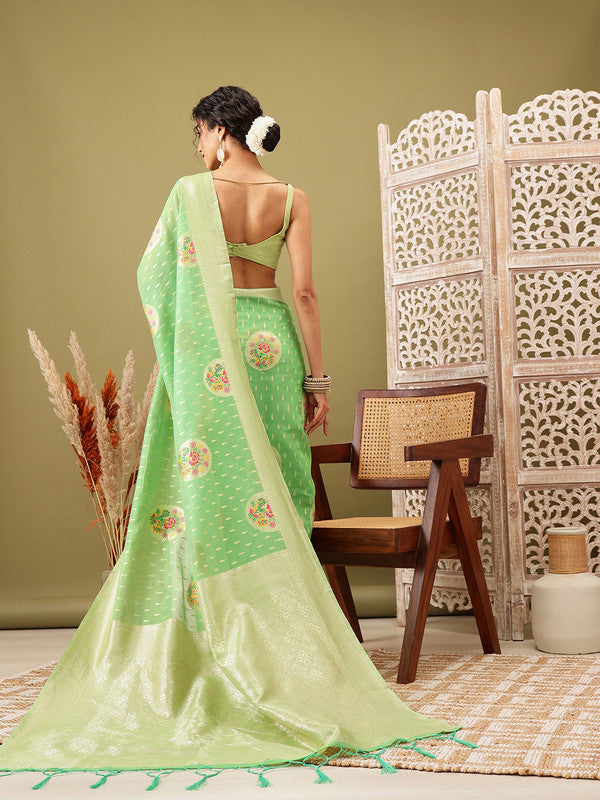Green Cotton Woven Thread Floral Saree with Unstitched Blouse - Hiral Fashion | Grocsy