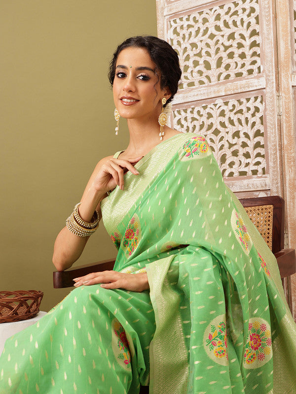 Green Cotton Woven Thread Floral Saree with Unstitched Blouse - Hiral Fashion | Grocsy