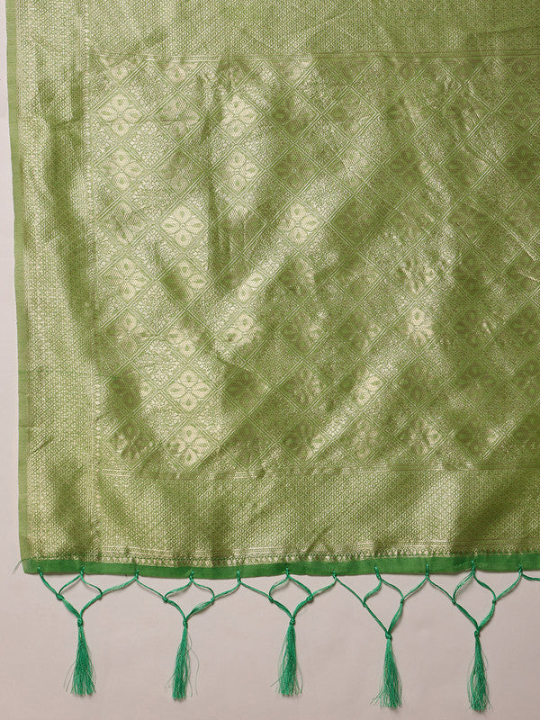 Green Cotton Woven Thread Floral Saree with Unstitched Blouse - Hiral Fashion | Grocsy
