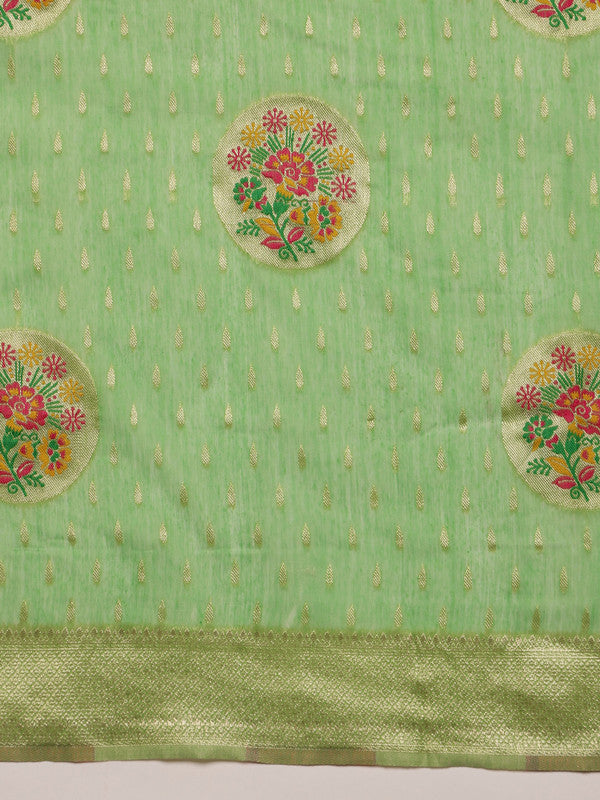 Green Cotton Woven Thread Floral Saree with Unstitched Blouse - Hiral Fashion | Grocsy