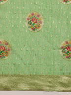 Green Cotton Woven Thread Floral Saree with Unstitched Blouse - Hiral Fashion | Grocsy