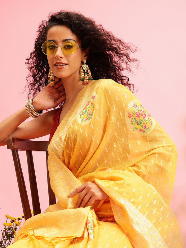 Mustard Cotton Woven Thread Floral Saree with Unstitched Blouse - Hiral Fashion | Grocsy