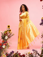 Mustard Cotton Woven Thread Floral Saree with Unstitched Blouse - Hiral Fashion | Grocsy