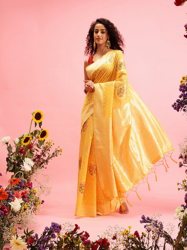 Mustard Cotton Woven Thread Floral Saree with Unstitched Blouse - Hiral Fashion | Grocsy