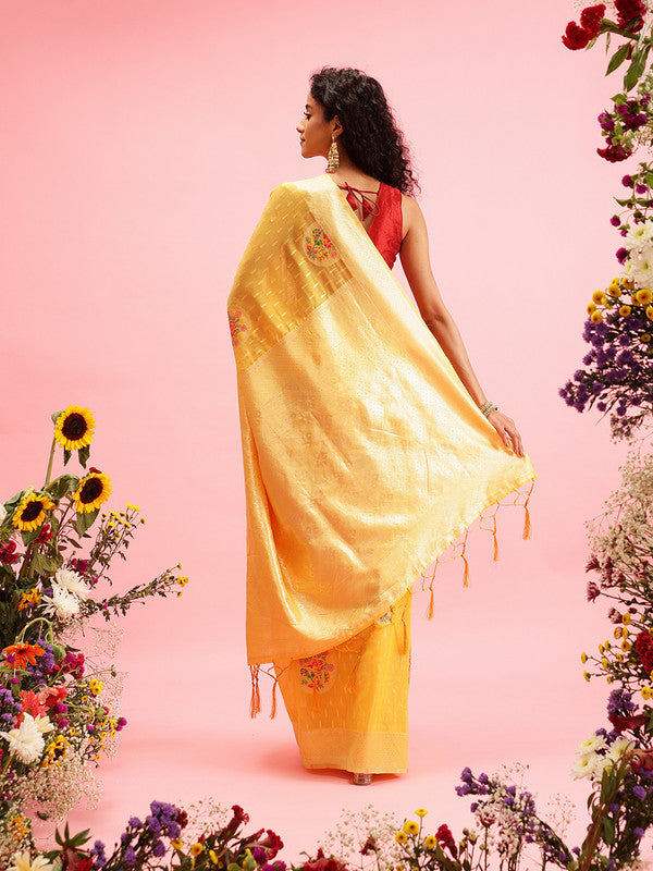 Mustard Cotton Woven Thread Floral Saree with Unstitched Blouse - Hiral Fashion | Grocsy