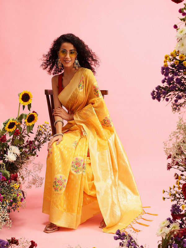 Mustard Cotton Woven Thread Floral Saree with Unstitched Blouse - Hiral Fashion | Grocsy