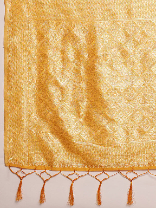Mustard Cotton Woven Thread Floral Saree with Unstitched Blouse - Hiral Fashion | Grocsy