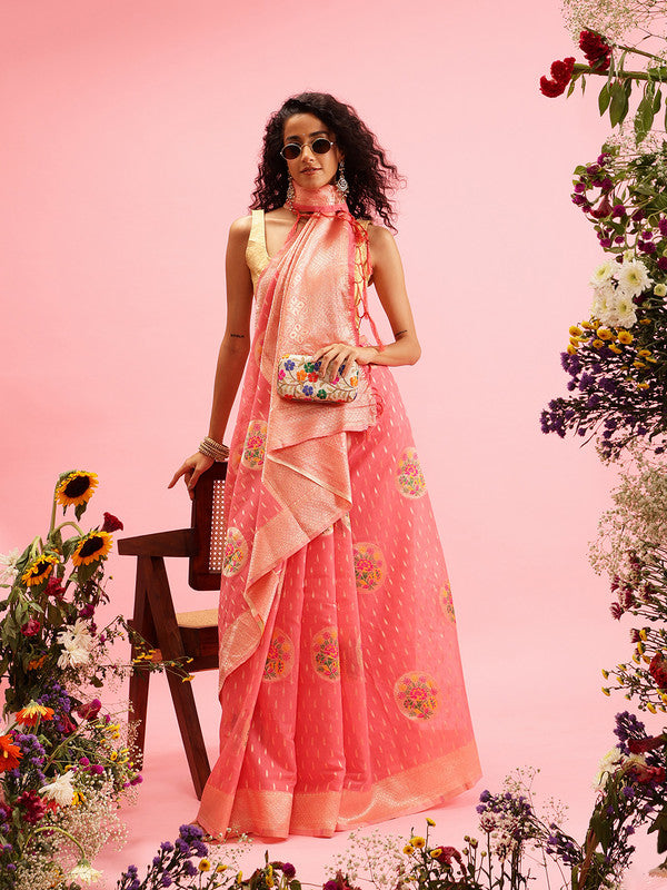 Pink Cotton Woven Thread Floral Saree with Unstitched Blouse - Hiral Fashion | Grocsy