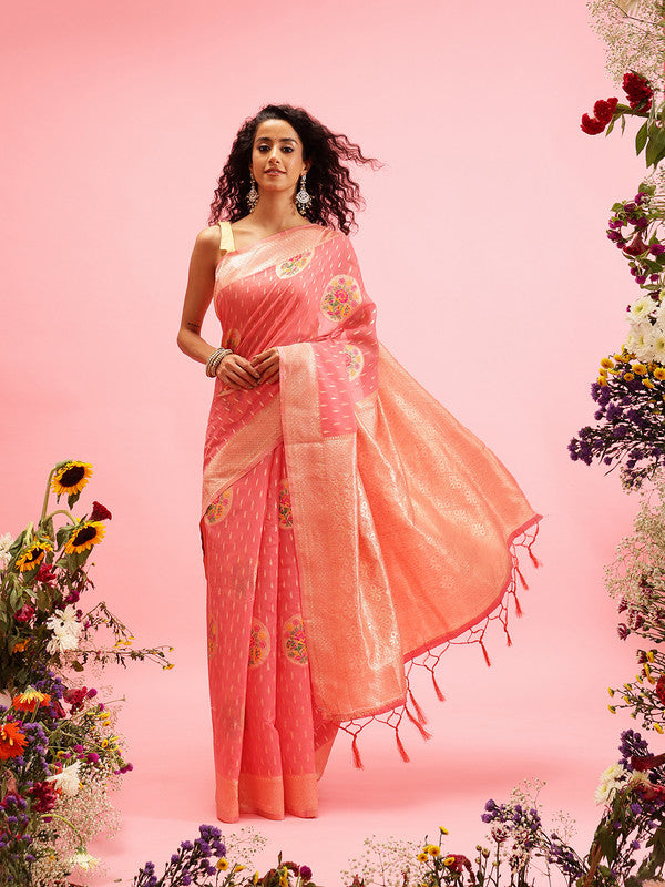 Pink Cotton Woven Thread Floral Saree with Unstitched Blouse - Hiral Fashion | Grocsy
