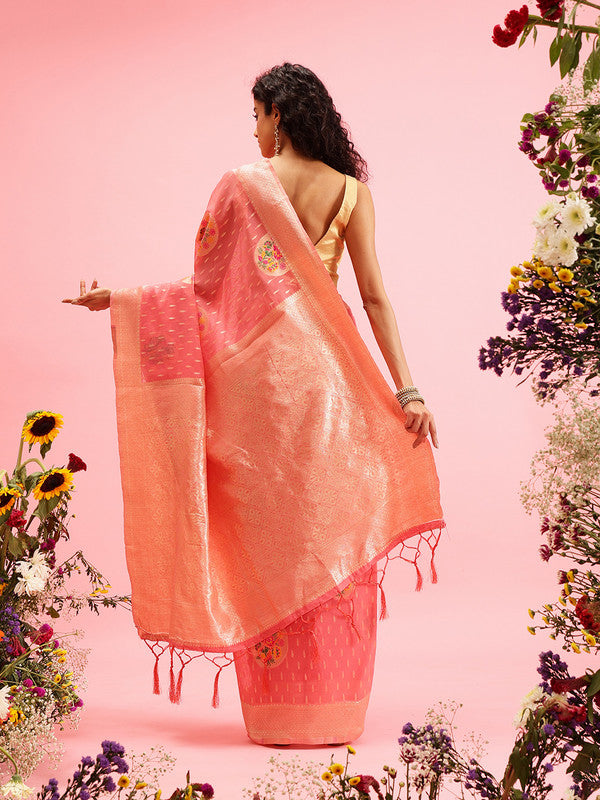 Pink Cotton Woven Thread Floral Saree with Unstitched Blouse - Hiral Fashion | Grocsy