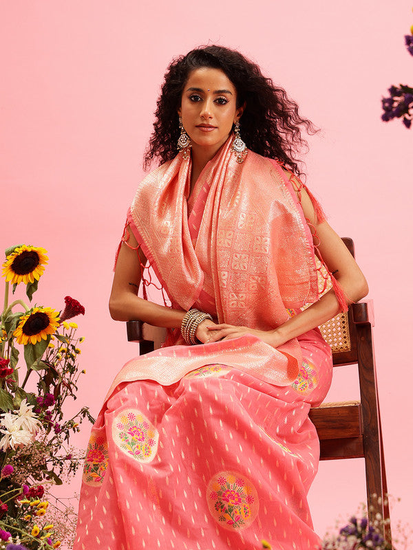 Pink Cotton Woven Thread Floral Saree with Unstitched Blouse - Hiral Fashion | Grocsy
