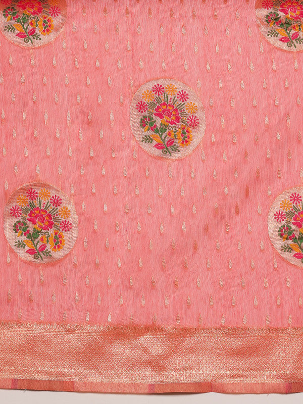 Pink Cotton Woven Thread Floral Saree with Unstitched Blouse - Hiral Fashion | Grocsy