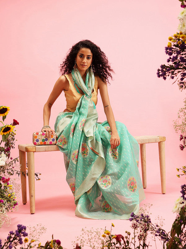 Turquoise Cotton Woven Thread Floral Saree with Unstitched Blouse - Hiral Fashion | Grocsy