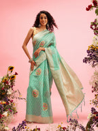 Turquoise Cotton Woven Thread Floral Saree with Unstitched Blouse - Hiral Fashion | Grocsy